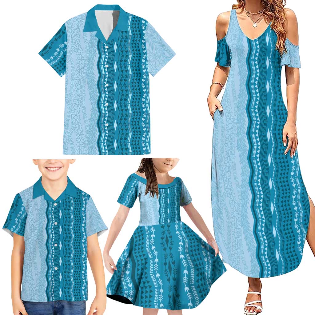 Vintage Cobalt Blue Hawaiian Traditional Kapa Mix Flowers Lei Family Matching Summer Maxi Dress and Hawaiian Shirt