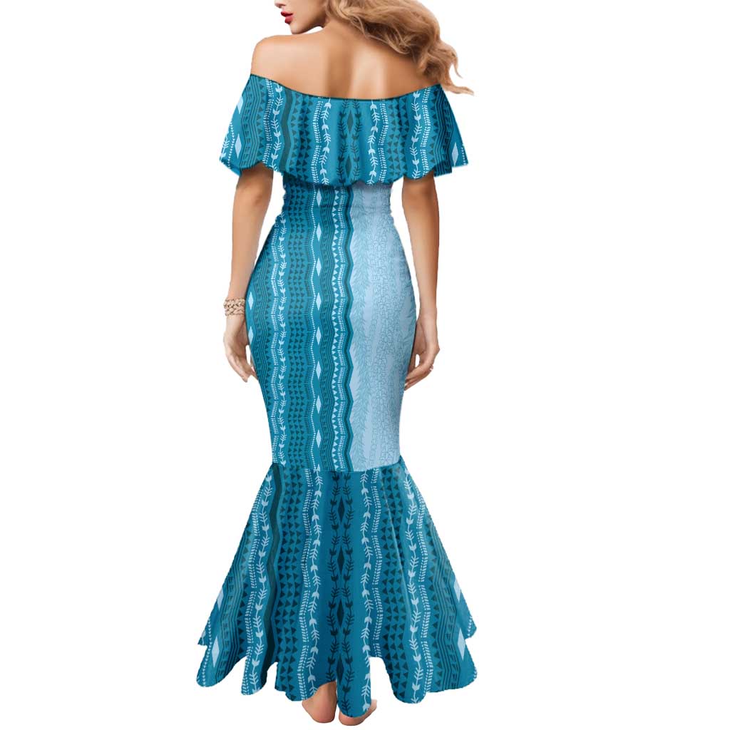 Vintage Cobalt Blue Hawaiian Traditional Kapa Mix Flowers Lei Mermaid Dress