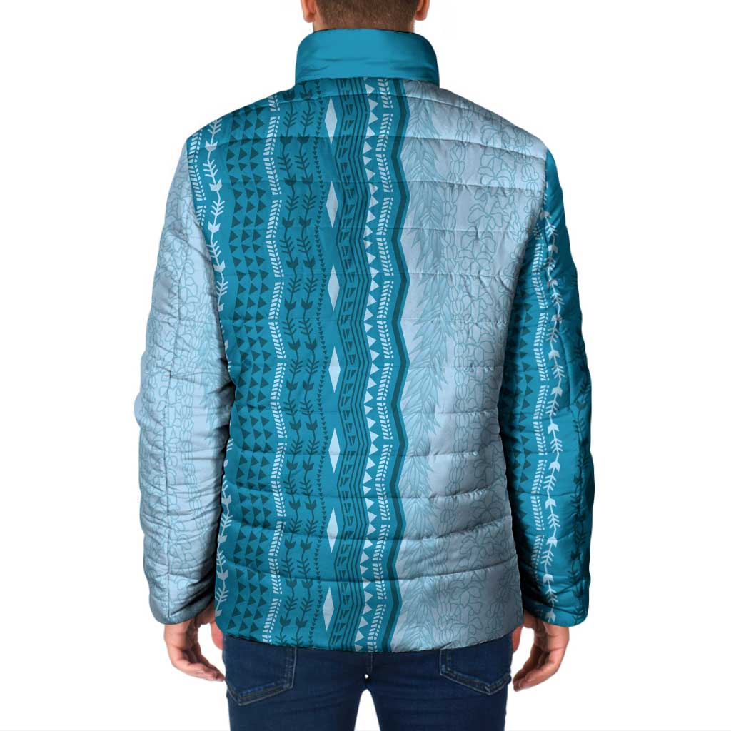 Vintage Cobalt Blue Hawaiian Traditional Kapa Mix Flowers Lei Padded Jacket
