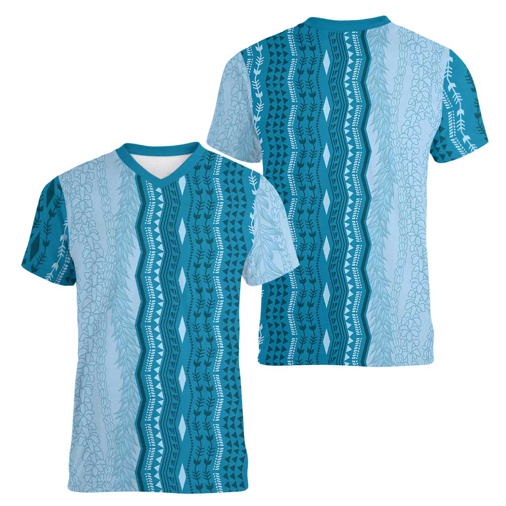 Vintage Cobalt Blue Hawaiian Traditional Kapa Mix Flowers Lei Women V-Neck T-Shirt