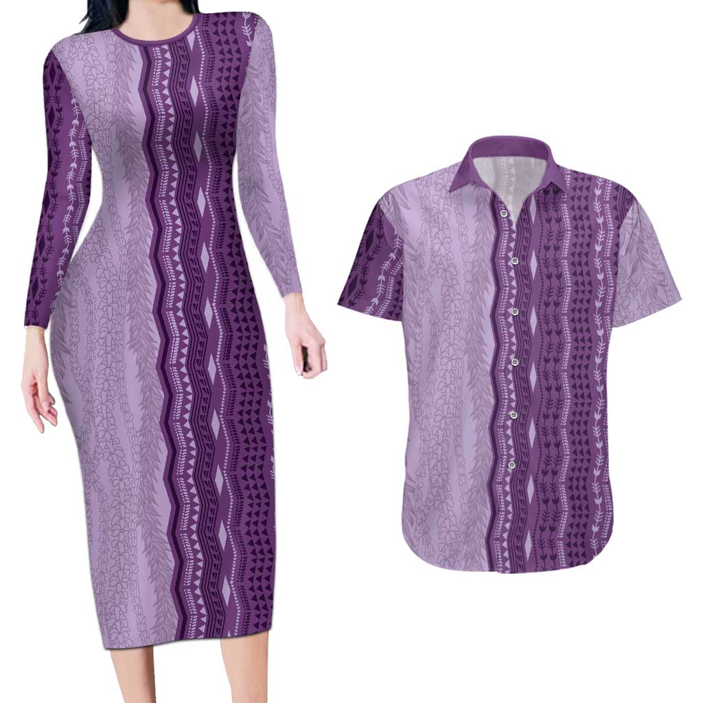 Vintage Violet Hawaiian Traditional Kapa Mix Flowers Lei Couples Matching Long Sleeve Bodycon Dress and Hawaiian Shirt LT7 Violet - Polynesian Pride