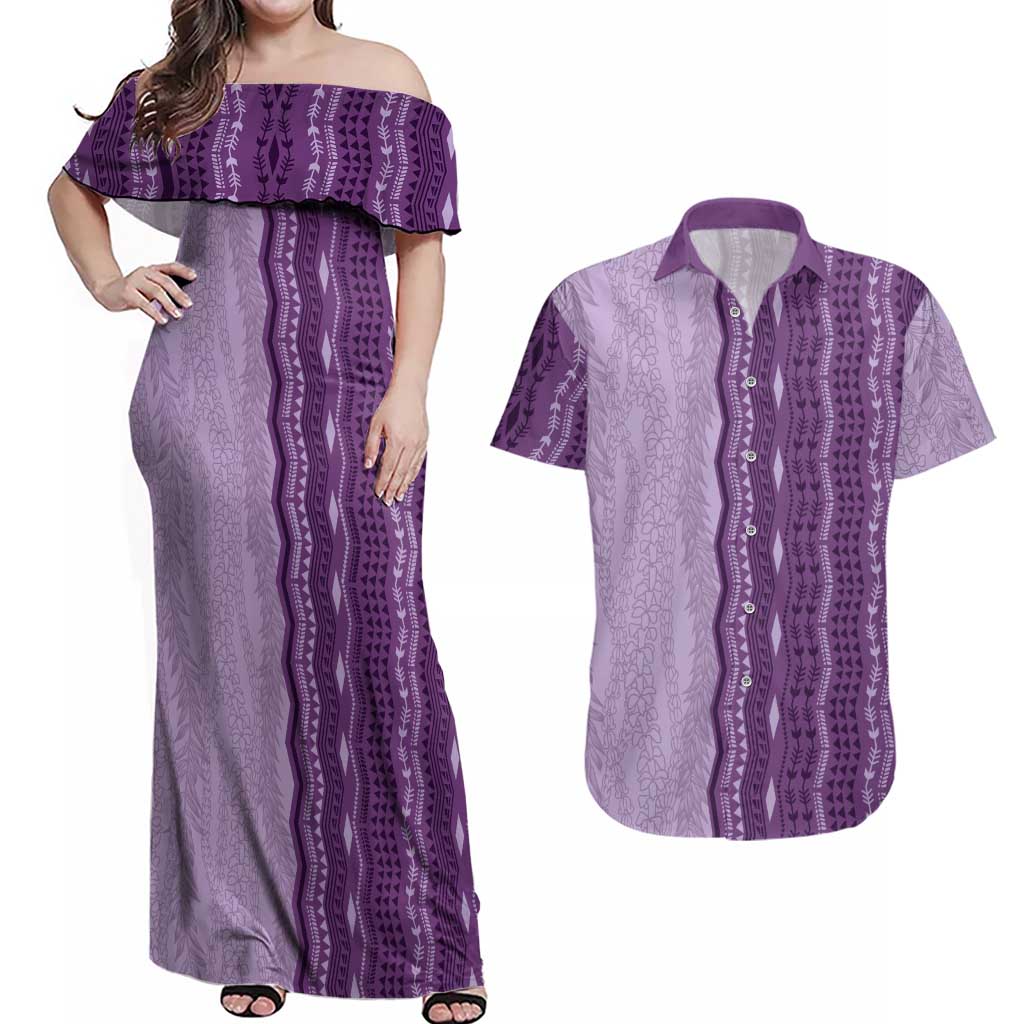 Vintage Violet Hawaiian Traditional Kapa Mix Flowers Lei Couples Matching Off Shoulder Maxi Dress and Hawaiian Shirt LT7 Violet - Polynesian Pride