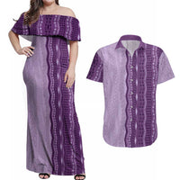 Vintage Violet Hawaiian Traditional Kapa Mix Flowers Lei Couples Matching Off Shoulder Maxi Dress and Hawaiian Shirt LT7 Violet - Polynesian Pride
