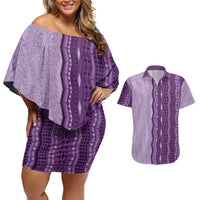 Vintage Violet Hawaiian Traditional Kapa Mix Flowers Lei Couples Matching Off Shoulder Short Dress and Hawaiian Shirt LT7 Violet - Polynesian Pride