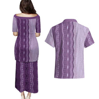 Vintage Violet Hawaiian Traditional Kapa Mix Flowers Lei Couples Matching Puletasi and Hawaiian Shirt
