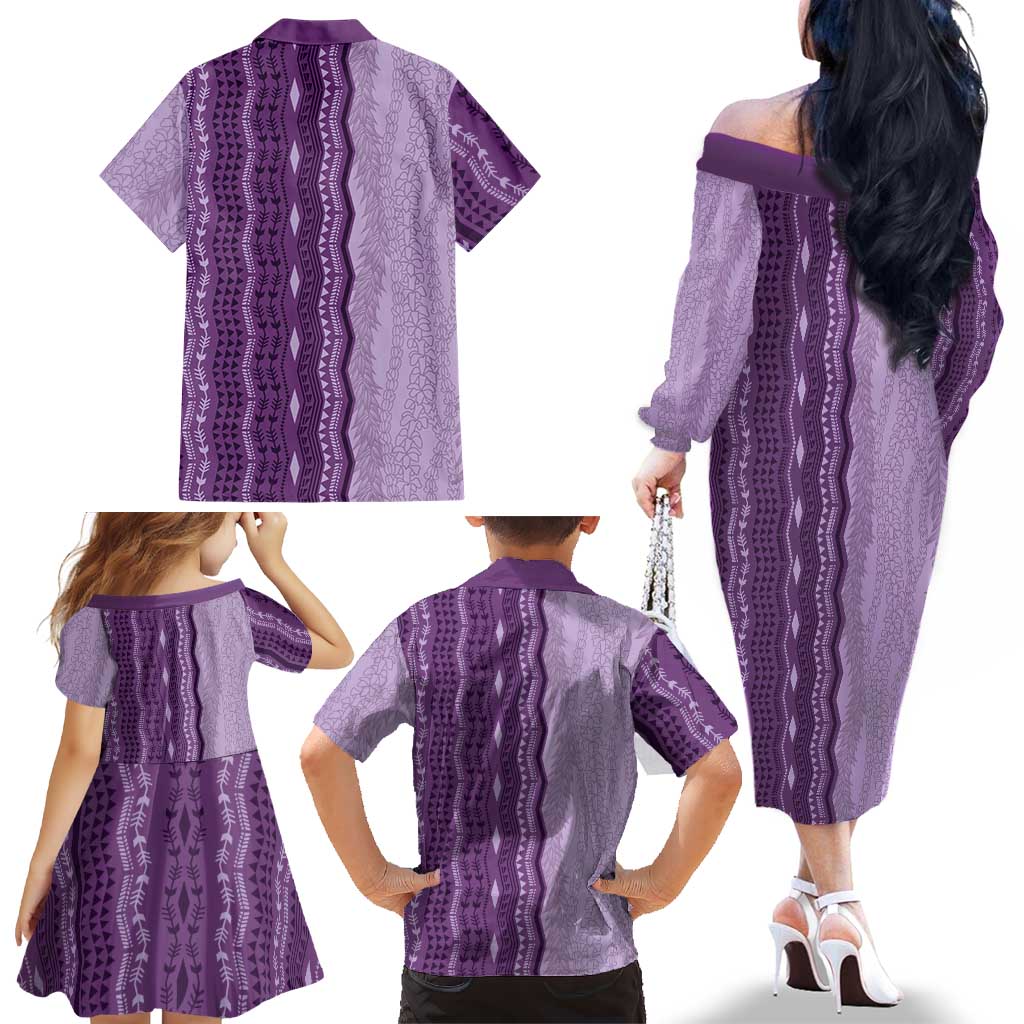 Vintage Violet Hawaiian Traditional Kapa Mix Flowers Lei Family Matching Off The Shoulder Long Sleeve Dress and Hawaiian Shirt LT7 - Polynesian Pride
