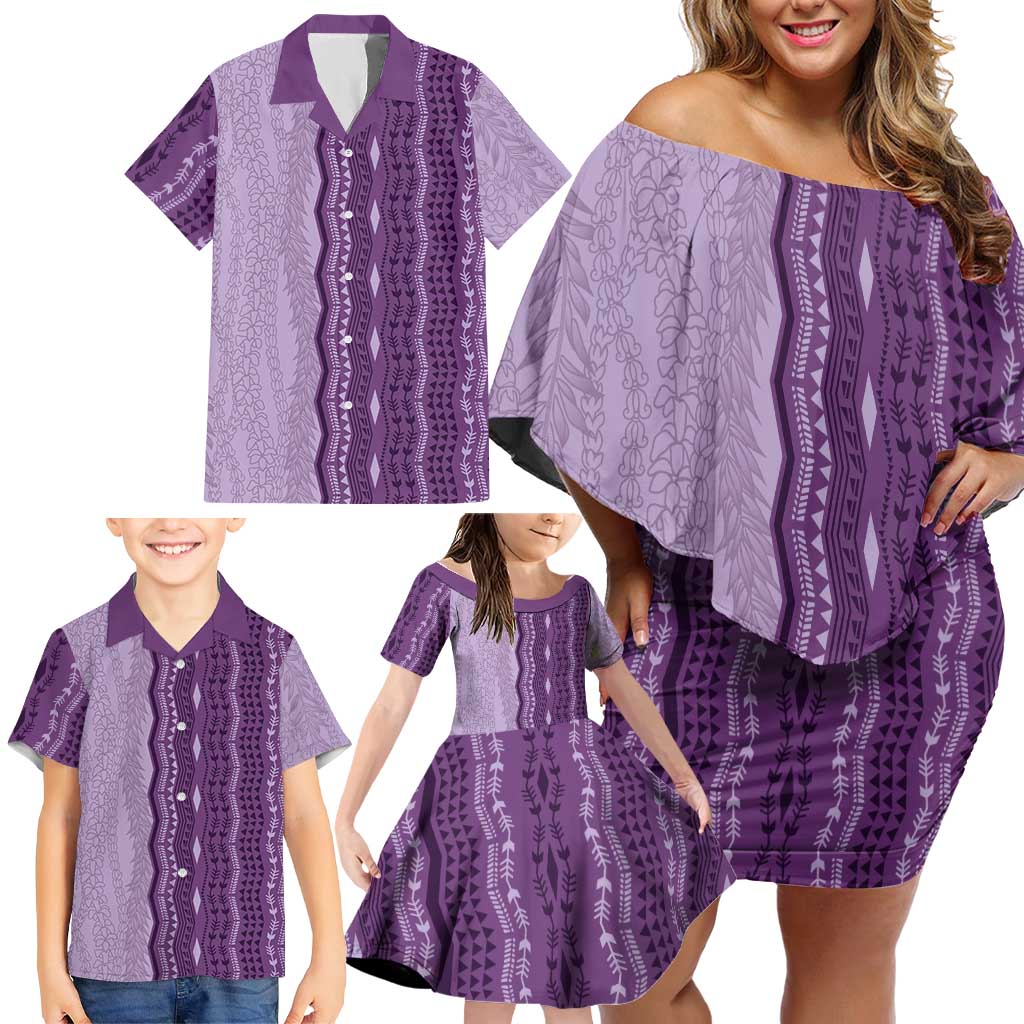 Vintage Violet Hawaiian Traditional Kapa Mix Flowers Lei Family Matching Off Shoulder Short Dress and Hawaiian Shirt LT7 - Polynesian Pride