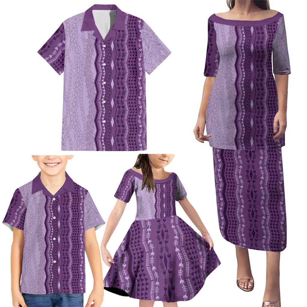 Vintage Violet Hawaiian Traditional Kapa Mix Flowers Lei Family Matching Puletasi and Hawaiian Shirt LT7 - Polynesian Pride