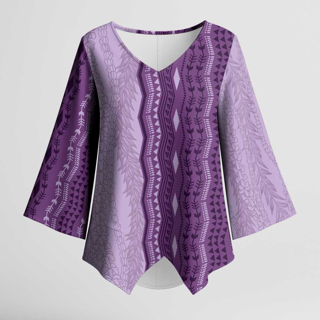 Vintage Violet Hawaiian Traditional Kapa Mix Flowers Lei Kimono Sleeve Blouse
