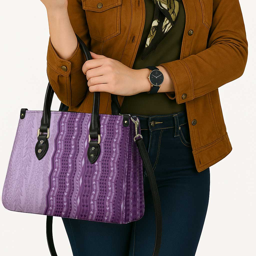 Vintage Violet Hawaiian Traditional Kapa Mix Flowers Lei Leather Bag