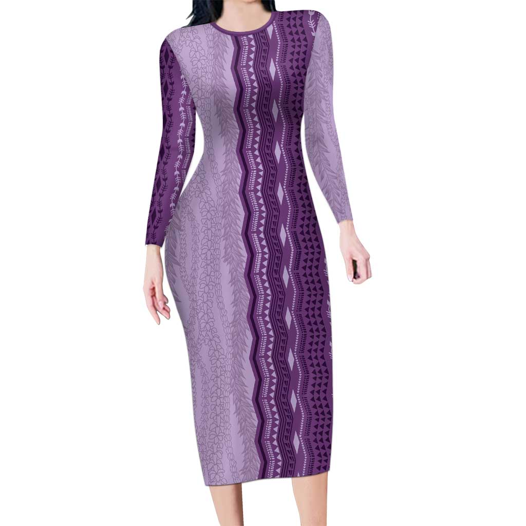 Vintage Violet Hawaiian Traditional Kapa Mix Flowers Lei Long Sleeve Bodycon Dress