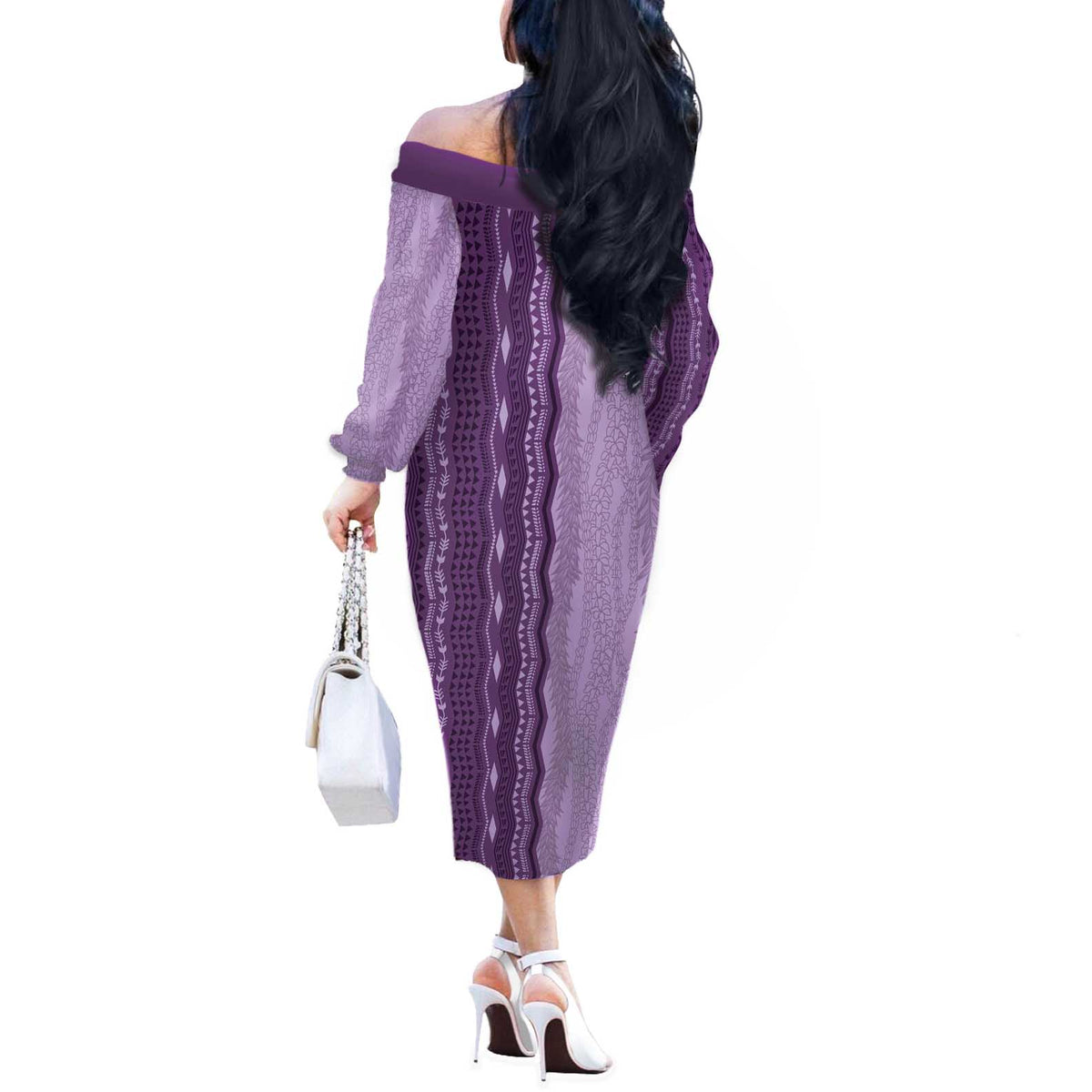 Vintage Violet Hawaiian Traditional Kapa Mix Flowers Lei Off The Shoulder Long Sleeve Dress