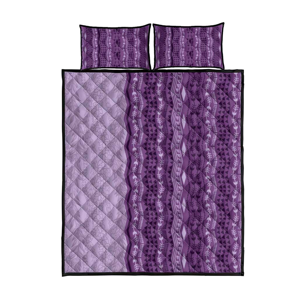 Vintage Violet Hawaiian Traditional Kapa Mix Flowers Lei Quilt Bed Set