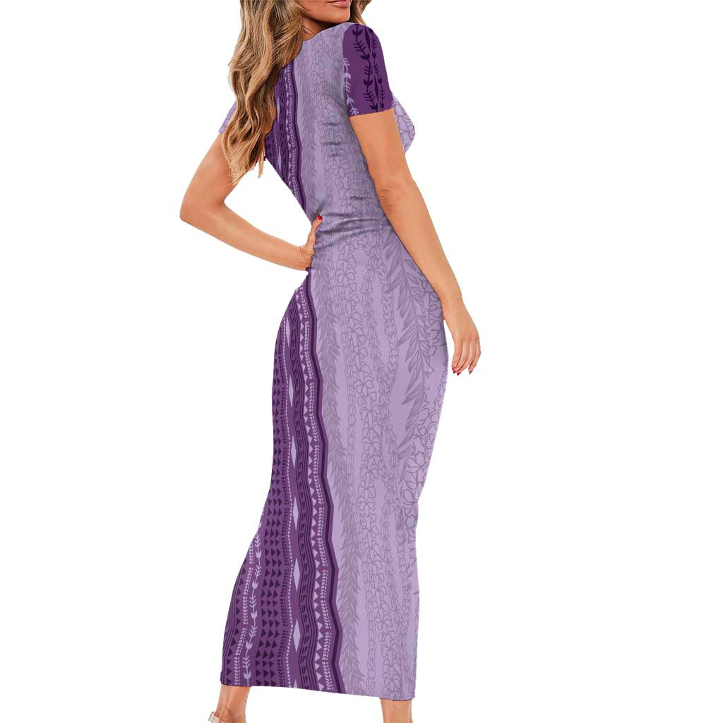 Vintage Violet Hawaiian Traditional Kapa Mix Flowers Lei Short Sleeve Bodycon Dress