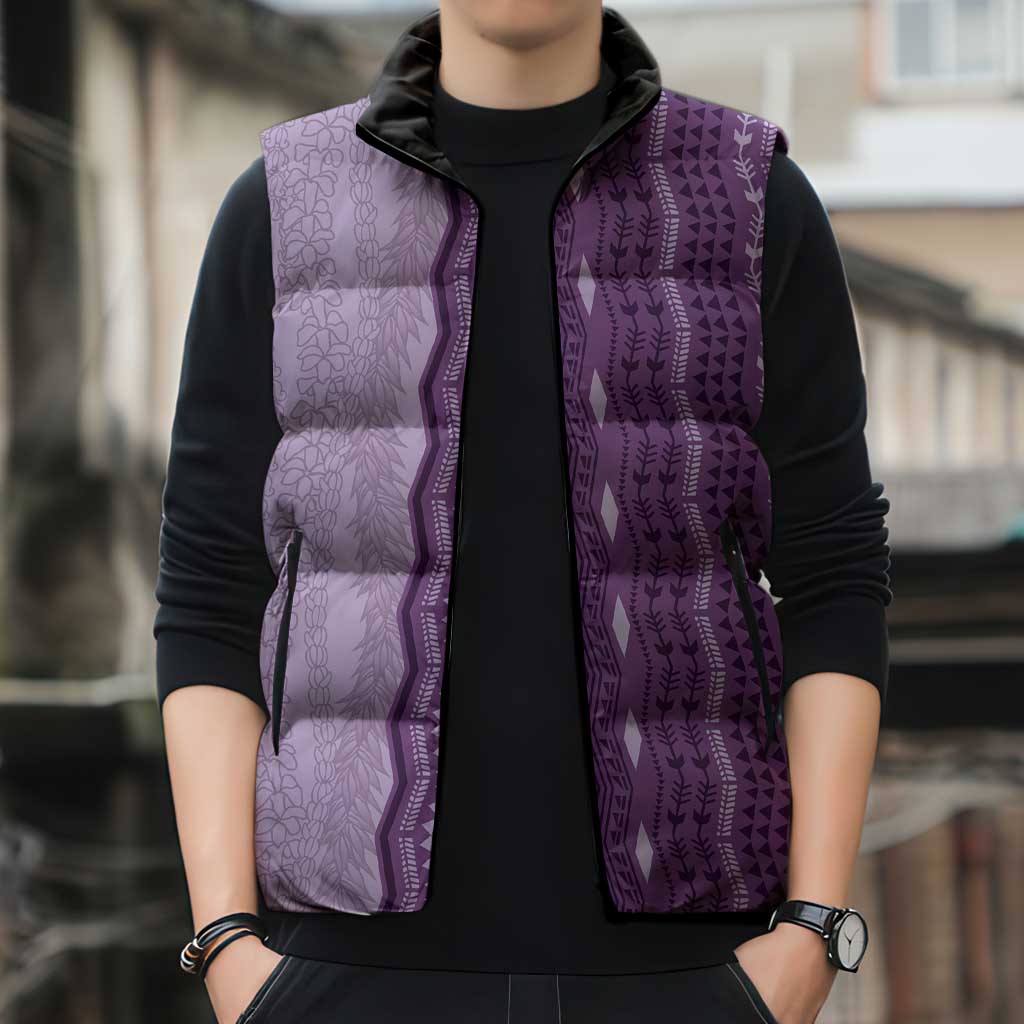 Vintage Violet Hawaiian Traditional Kapa Mix Flowers Lei Sleeveless Puffer Jacket