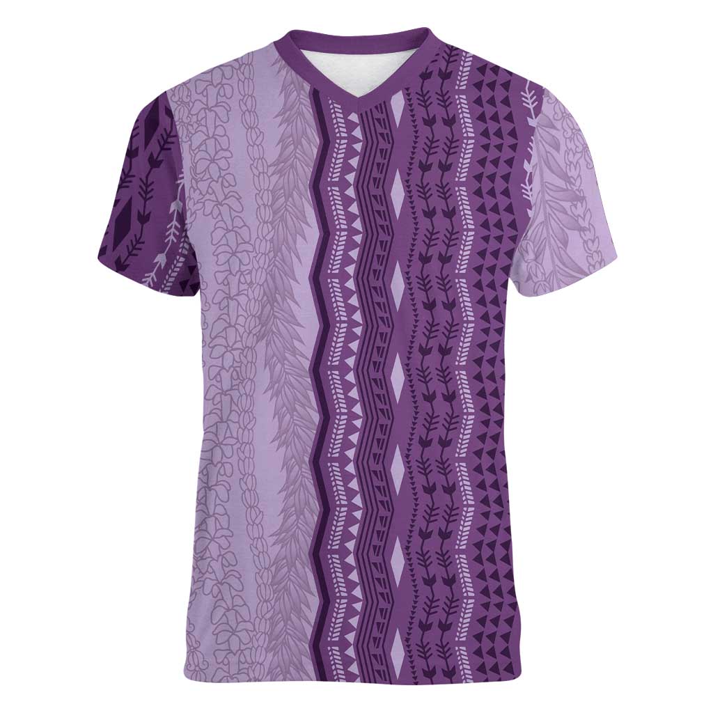 Vintage Violet Hawaiian Traditional Kapa Mix Flowers Lei Women V-Neck T-Shirt