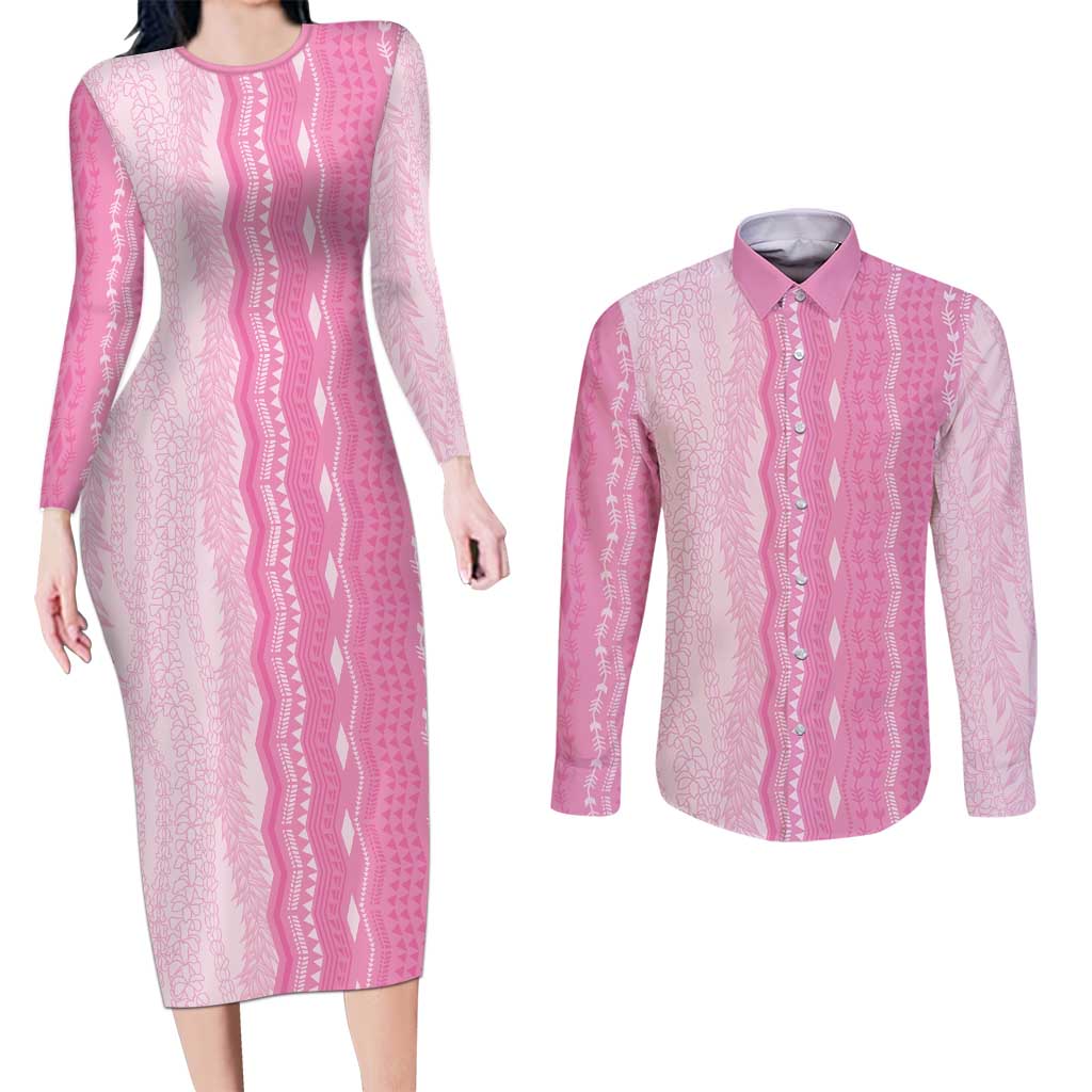 Vintage Pink Hawaiian Traditional Kapa Mix Flowers Lei Couples Matching Long Sleeve Bodycon Dress and Long Sleeve Button Shirt LT7 Pink - Polynesian Pride
