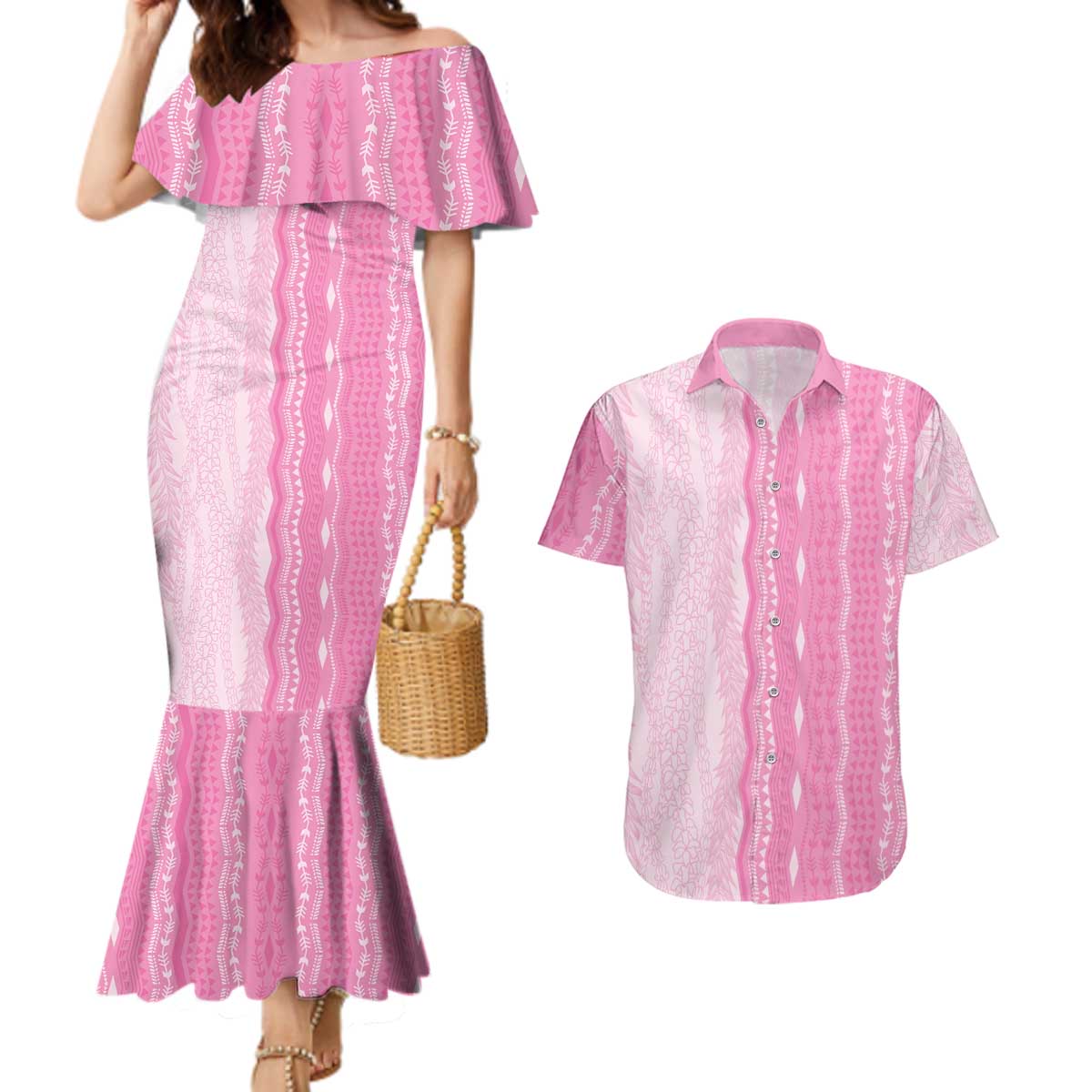 Vintage Pink Hawaiian Traditional Kapa Mix Flowers Lei Couples Matching Mermaid Dress and Hawaiian Shirt