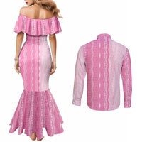 Vintage Pink Hawaiian Traditional Kapa Mix Flowers Lei Couples Matching Mermaid Dress and Long Sleeve Button Shirt LT7 - Polynesian Pride