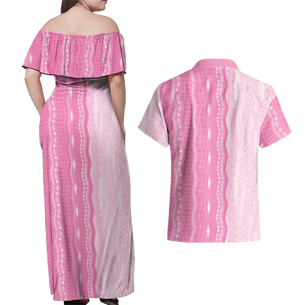 Vintage Pink Hawaiian Traditional Kapa Mix Flowers Lei Couples Matching Off Shoulder Maxi Dress and Hawaiian Shirt LT7 - Polynesian Pride