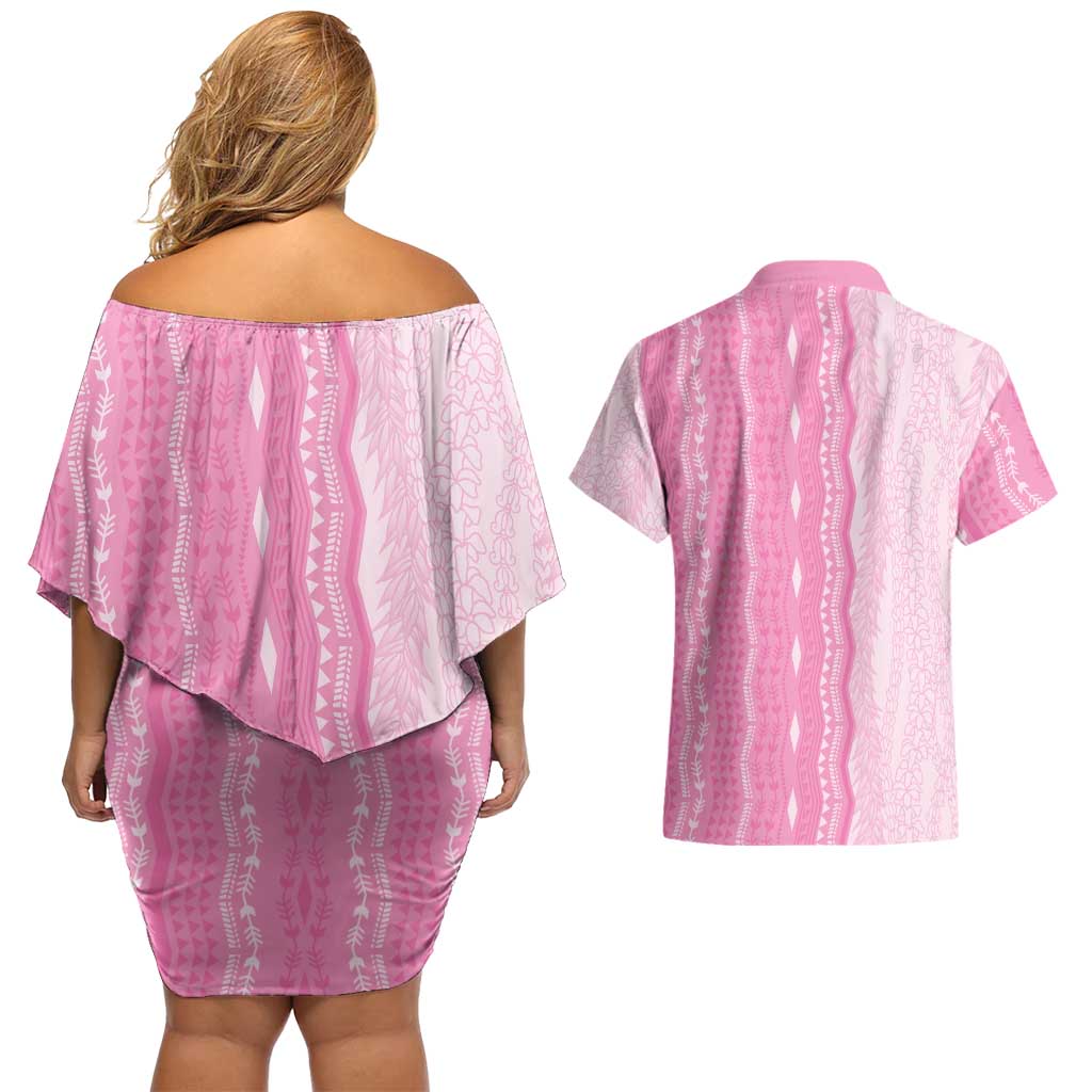 Vintage Pink Hawaiian Traditional Kapa Mix Flowers Lei Couples Matching Off Shoulder Short Dress and Hawaiian Shirt LT7 - Polynesian Pride