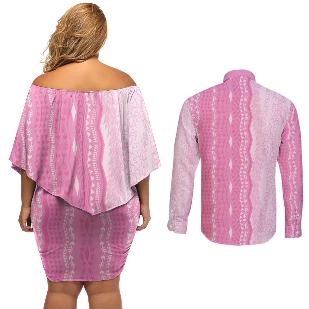 Vintage Pink Hawaiian Traditional Kapa Mix Flowers Lei Couples Matching Off Shoulder Short Dress and Long Sleeve Button Shirt