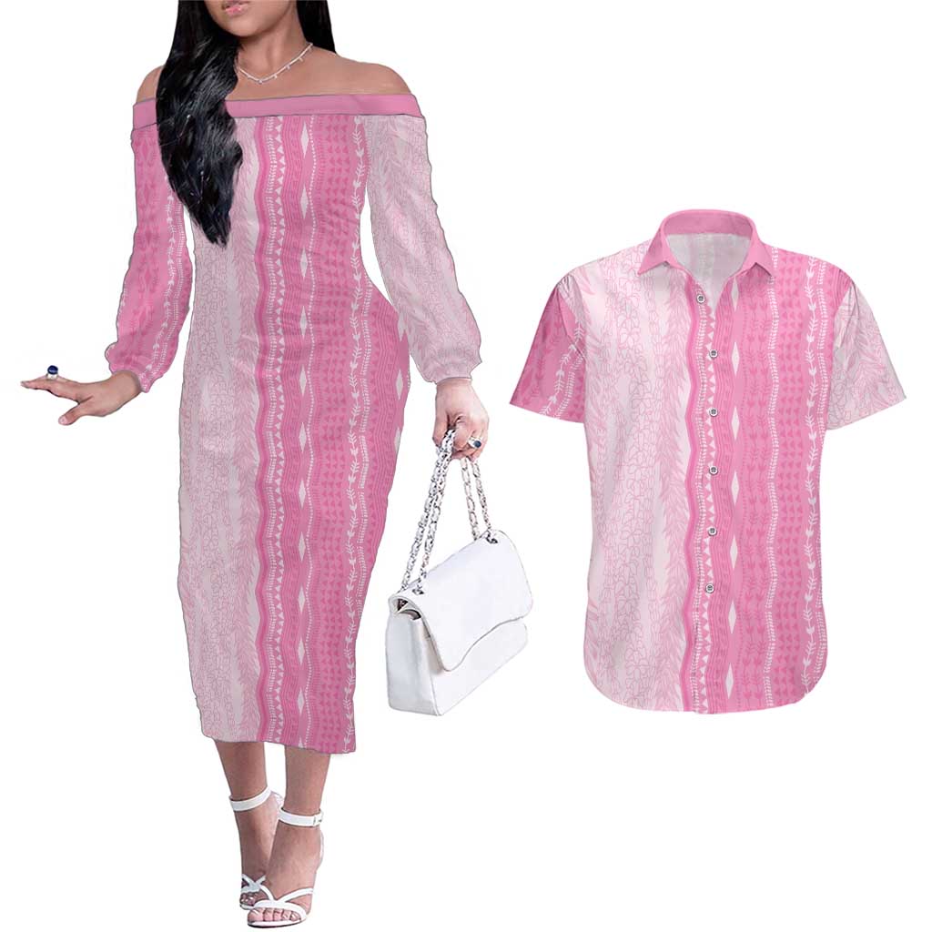 Vintage Pink Hawaiian Traditional Kapa Mix Flowers Lei Couples Matching Off The Shoulder Long Sleeve Dress and Hawaiian Shirt LT7 Pink - Polynesian Pride