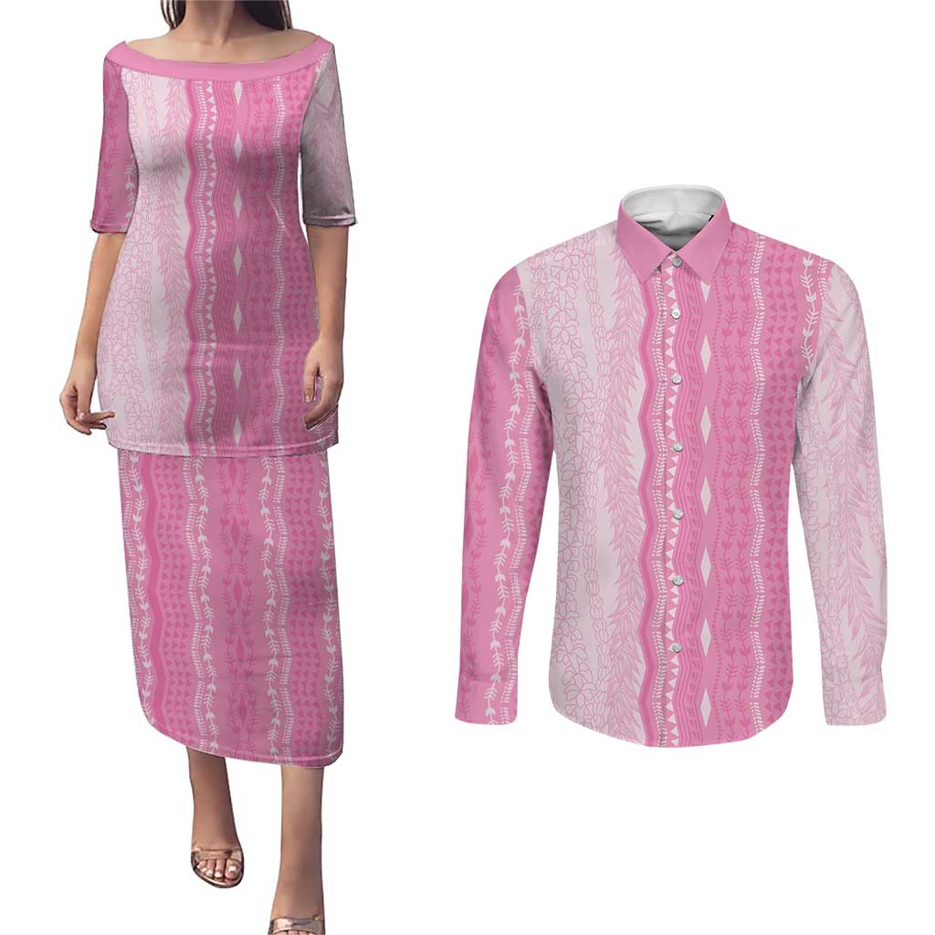 Vintage Pink Hawaiian Traditional Kapa Mix Flowers Lei Couples Matching Puletasi and Long Sleeve Button Shirt