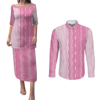Vintage Pink Hawaiian Traditional Kapa Mix Flowers Lei Couples Matching Puletasi and Long Sleeve Button Shirt
