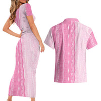 Vintage Pink Hawaiian Traditional Kapa Mix Flowers Lei Couples Matching Short Sleeve Bodycon Dress and Hawaiian Shirt LT7 - Polynesian Pride