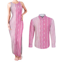 Vintage Pink Hawaiian Traditional Kapa Mix Flowers Lei Couples Matching Tank Maxi Dress and Long Sleeve Button Shirt