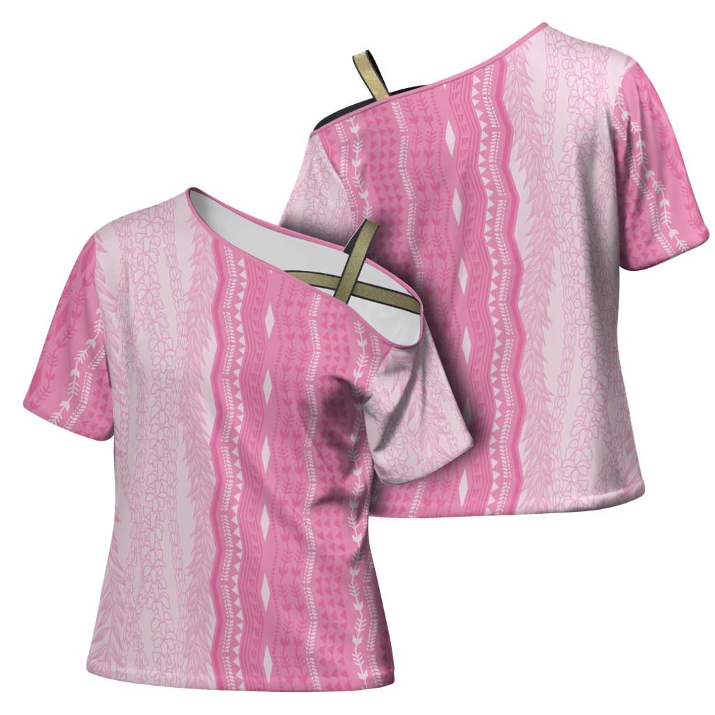 Vintage Pink Hawaiian Traditional Kapa Mix Flowers Lei Cross Shoulder Shirt