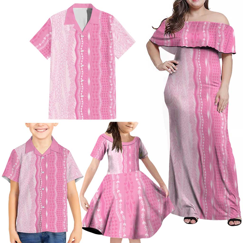 Vintage Pink Hawaiian Traditional Kapa Mix Flowers Lei Family Matching Off Shoulder Maxi Dress and Hawaiian Shirt LT7 - Polynesian Pride