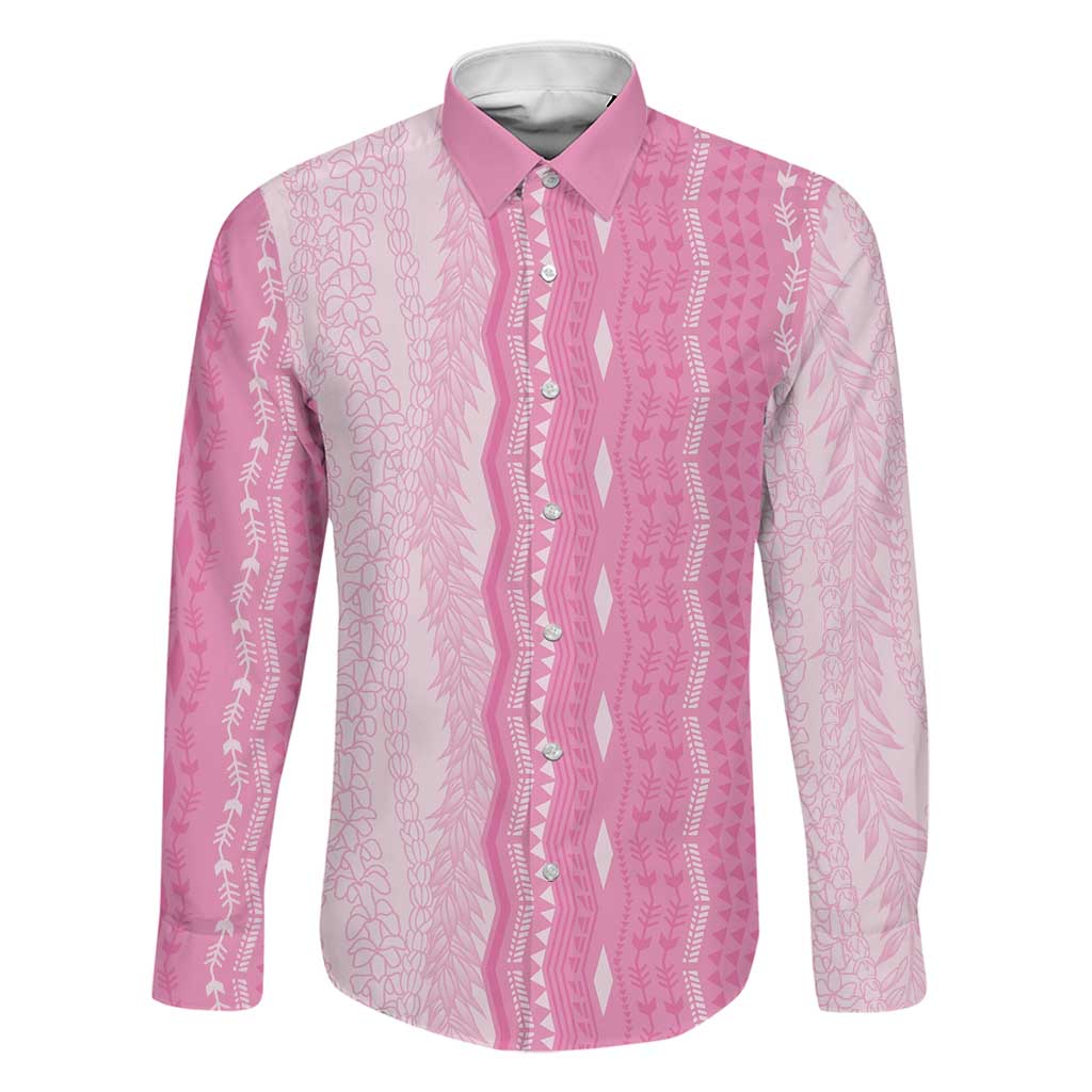Vintage Pink Hawaiian Traditional Kapa Mix Flowers Lei Family Matching Off Shoulder Maxi Dress and Hawaiian Shirt LT7 Dad's Shirt - Long Sleeve Pink - Polynesian Pride