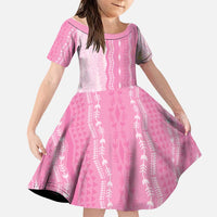 Vintage Pink Hawaiian Traditional Kapa Mix Flowers Lei Family Matching Off Shoulder Short Dress and Hawaiian Shirt LT7 Daughter's Dress Pink - Polynesian Pride