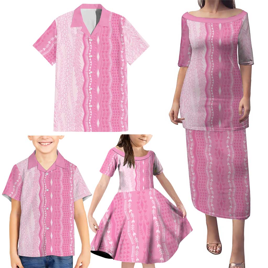 Vintage Pink Hawaiian Traditional Kapa Mix Flowers Lei Family Matching Puletasi and Hawaiian Shirt LT7 - Polynesian Pride