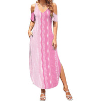 Vintage Pink Hawaiian Traditional Kapa Mix Flowers Lei Family Matching Summer Maxi Dress and Hawaiian Shirt LT7 Mom's Dress Pink - Polynesian Pride