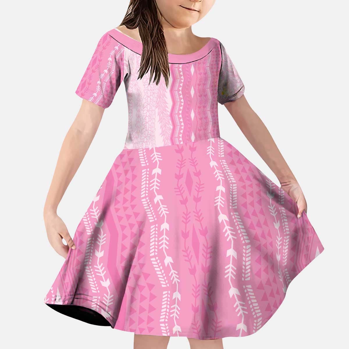 Vintage Pink Hawaiian Traditional Kapa Mix Flowers Lei Kid Short Sleeve Dress