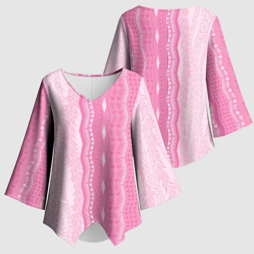 Vintage Pink Hawaiian Traditional Kapa Mix Flowers Lei Kimono Sleeve Blouse