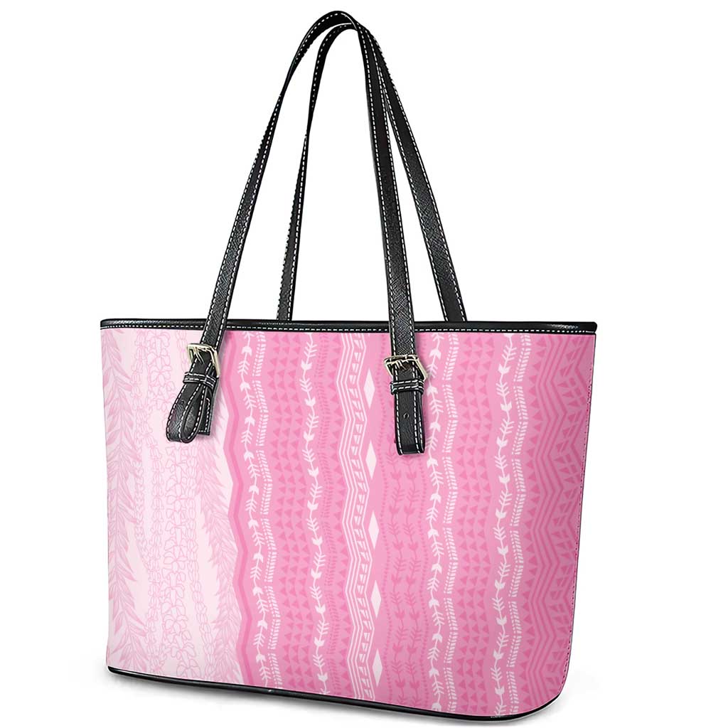 Vintage Pink Hawaiian Traditional Kapa Mix Flowers Lei Leather Tote Bag