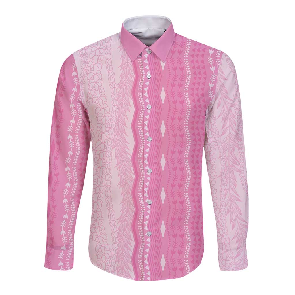 Vintage Pink Hawaiian Traditional Kapa Mix Flowers Lei Long Sleeve Button Shirt
