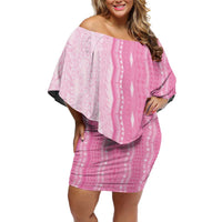 Vintage Pink Hawaiian Traditional Kapa Mix Flowers Lei Off Shoulder Short Dress