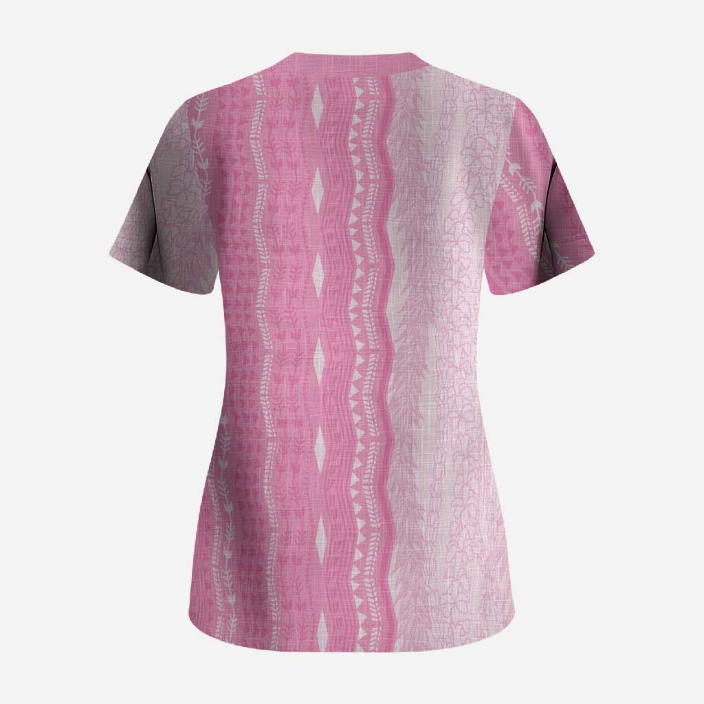 Vintage Pink Hawaiian Traditional Kapa Mix Flowers Lei Scrub Top