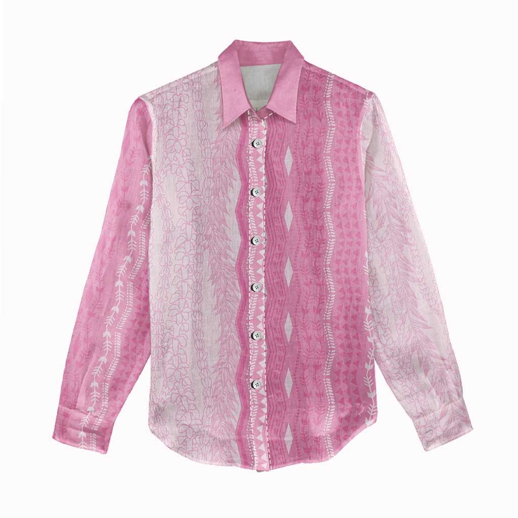 Vintage Pink Hawaiian Traditional Kapa Mix Flowers Lei Women Casual Shirt