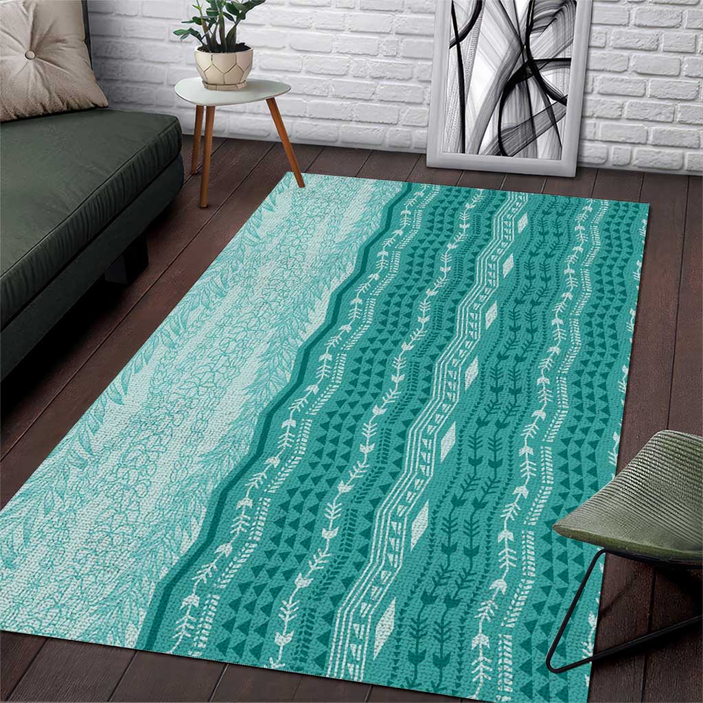 Vintage Teal Hawaiian Traditional Kapa Mix Flowers Lei Area Rug