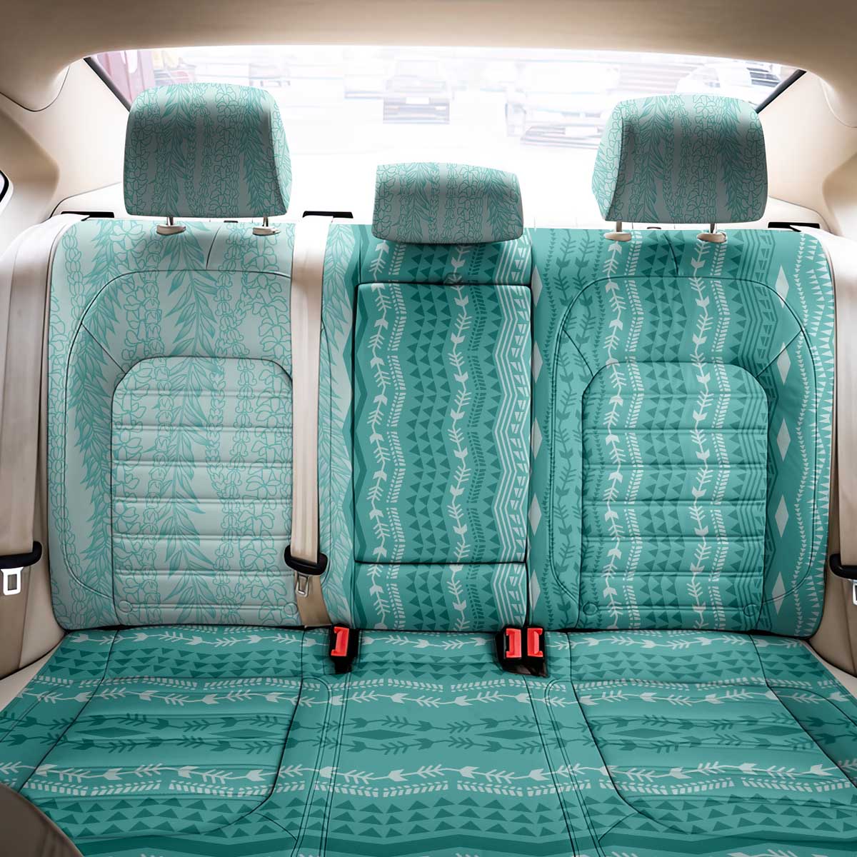 Vintage Teal Hawaiian Traditional Kapa Mix Flowers Lei Back Car Seat Cover