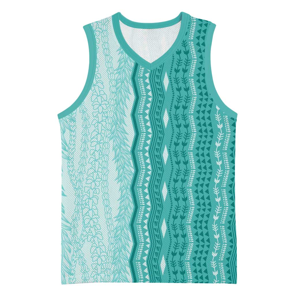 Vintage Teal Hawaiian Traditional Kapa Mix Flowers Lei Basketball Jersey