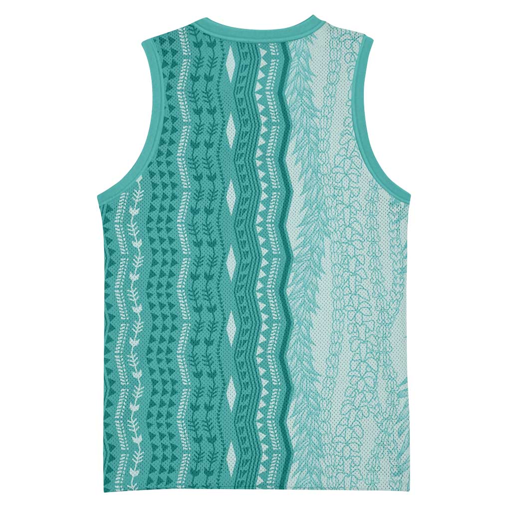 Vintage Teal Hawaiian Traditional Kapa Mix Flowers Lei Basketball Jersey