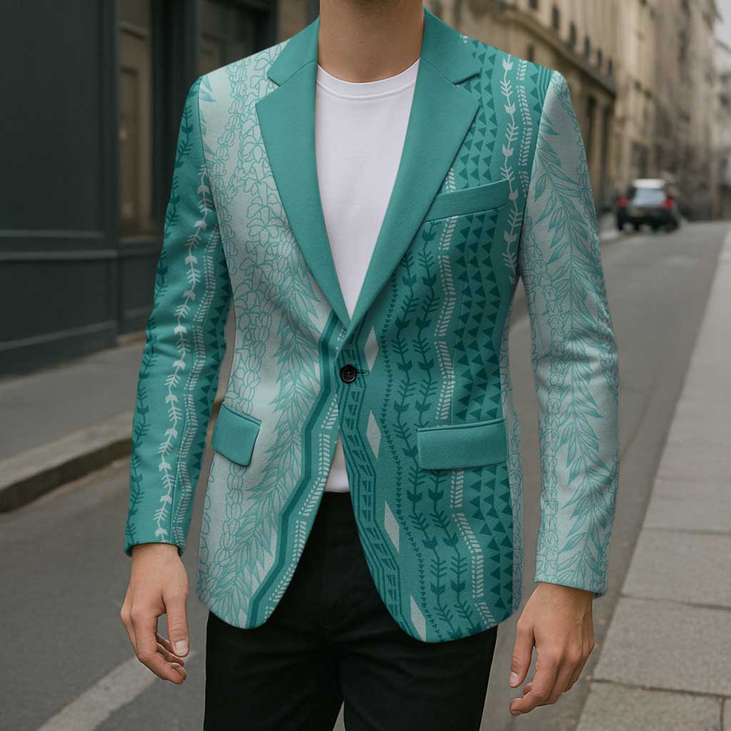 Vintage Teal Hawaiian Traditional Kapa Mix Flowers Lei Blazer