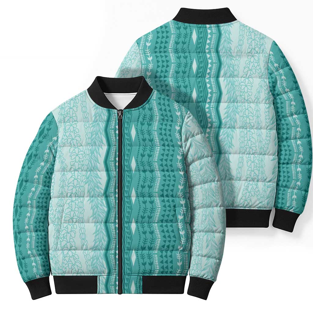 Vintage Teal Hawaiian Traditional Kapa Mix Flowers Lei Bomber Puffer Jacket